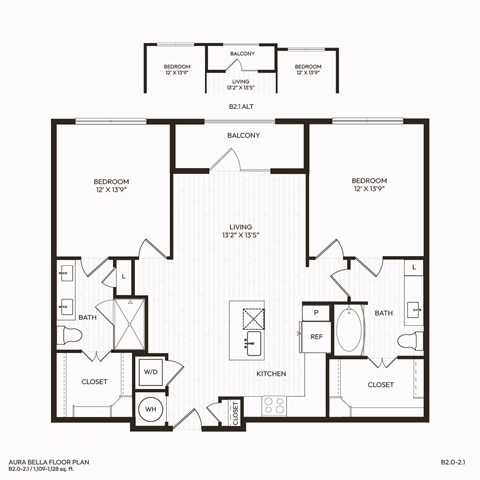 Floor plan for 2 beds, 2 baths, 1128 sqft